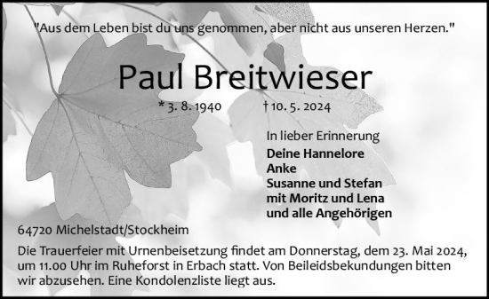 Traueranzeige von Paul Breitwieser von Odenwälder Echo