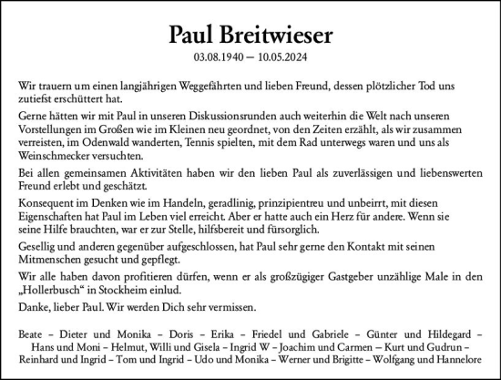 Traueranzeige von Paul Breitwieser von Odenwälder Echo