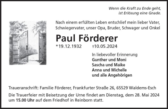 Traueranzeige von Paul Förderer von Camberger Anzeiger