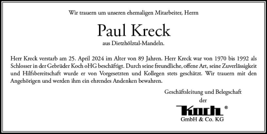 Traueranzeige von Paul Kreck von Dill Block