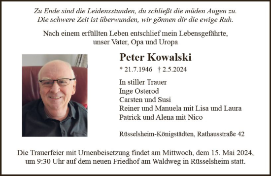 Traueranzeige von Peter Kowalski von Rüsselsheimer Echo