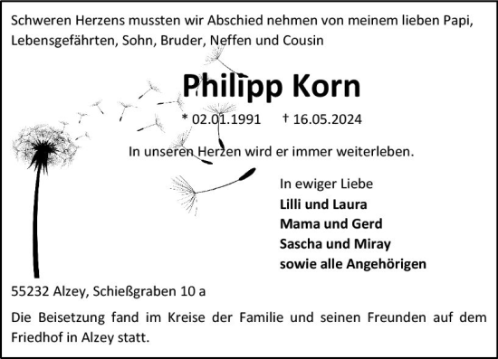 Traueranzeige von Philipp Korn von Allgemeine Zeitung Alzey
