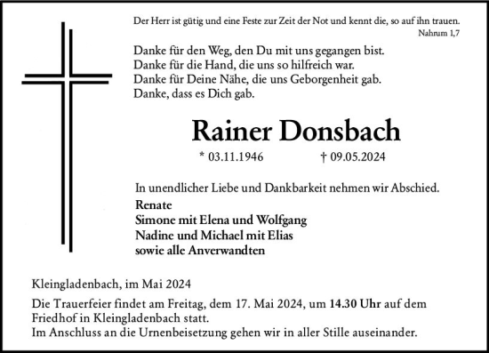 Traueranzeige von Rainer Donsbach von Hinterländer Anzeiger