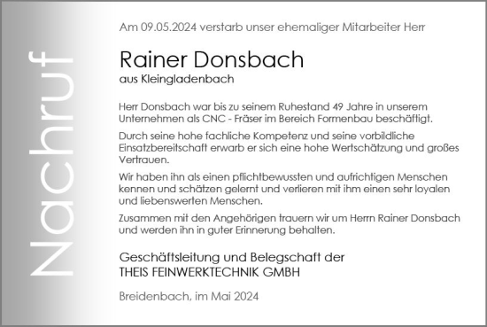 Traueranzeige von Rainer Donsbach von Hinterländer Anzeiger