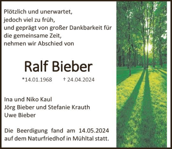 Traueranzeige von Ralf Bieber von Darmstädter Echo