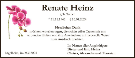 Traueranzeige von Renate Heinz von Allgemeine Zeitung Bingen/Ingelheim
