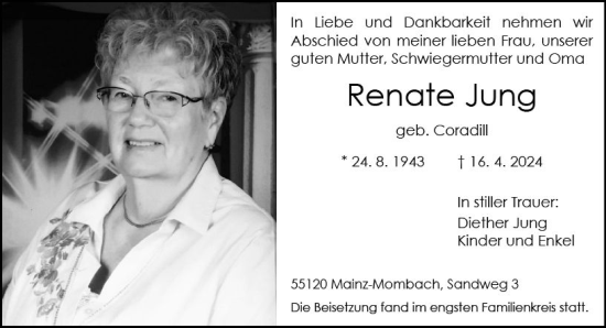 Traueranzeige von Renate Jung von Allgemeine Zeitung Mainz