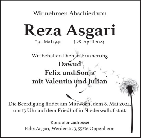 Traueranzeige von Reza Asgari von Rheingau Kurier
