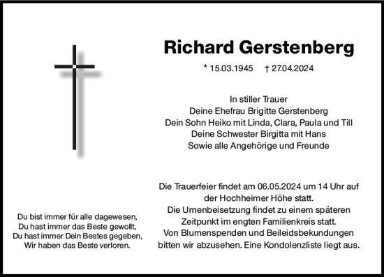 Traueranzeige von Richard Gerstenberg von Wormser Zeitung