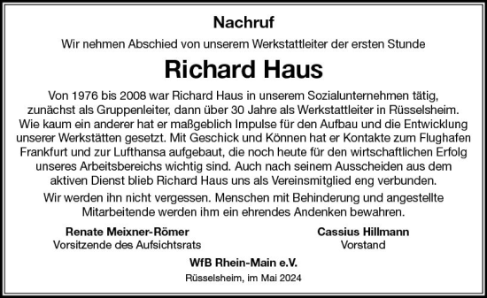 Traueranzeige von Richard Haus von Rüsselsheimer Echo