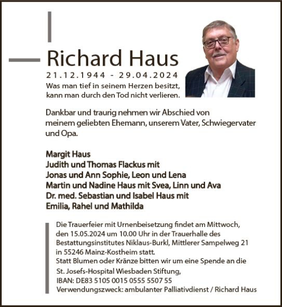Traueranzeige von Richard Haus von Allgemeine Zeitung Mainz