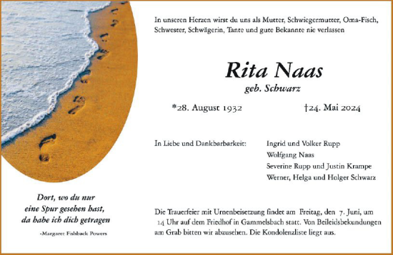 Traueranzeige von Rita Naas von Odenwälder Echo