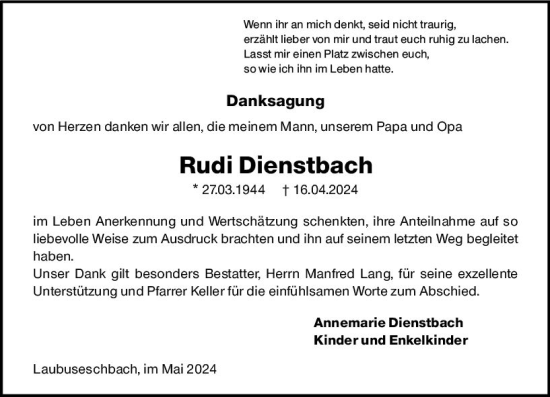 Traueranzeige von Rudi Dienstbach von Weilburger Tageblatt