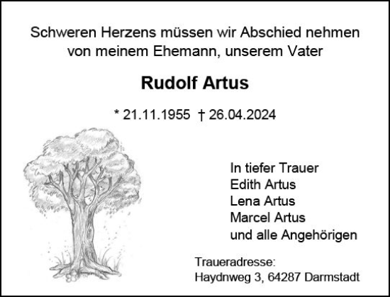 Traueranzeige von Rudolf Artus von Darmstädter Echo