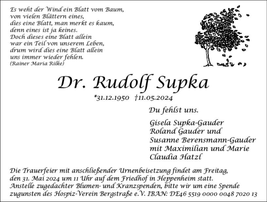 Traueranzeige von Rudolf Supka von Starkenburger Echo