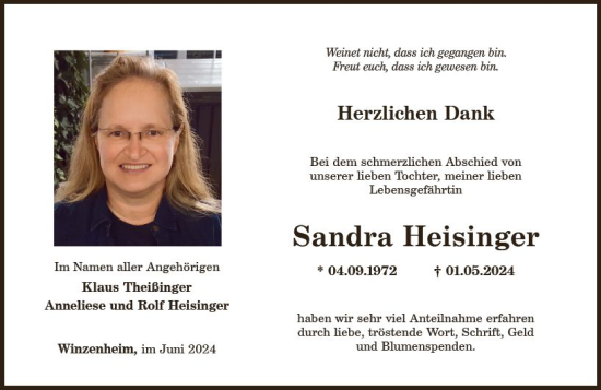 Traueranzeige von Sandra Heisinger von Allgemeine Zeitung Bad Kreuznach