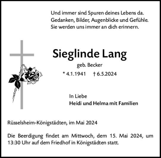 Traueranzeige von Sieglinde Lang von Rüsselsheimer Echo