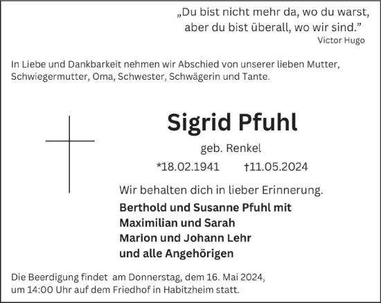 Traueranzeige von Sigrid Pfuhl von Darmstädter Echo