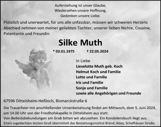 Traueranzeige von Silke Muth von Allgemeine Zeitung Alzey