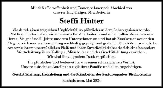 Traueranzeige von Steffi Hütter von Rüsselsheimer Echo
