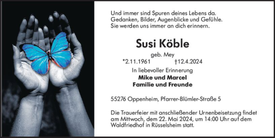 Traueranzeige von Susi Köble von Rüsselsheimer Echo