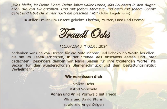 Traueranzeige von Taudl Ochs von Allgemeine Zeitung Mainz