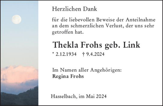 Traueranzeige von Thekla Frohs von Weilburger Tageblatt