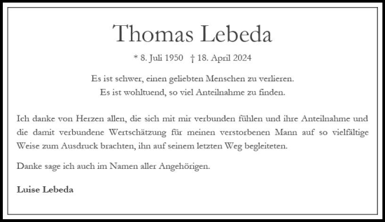 Traueranzeige von Thomas Lebeda von Nassauische Neue Presse