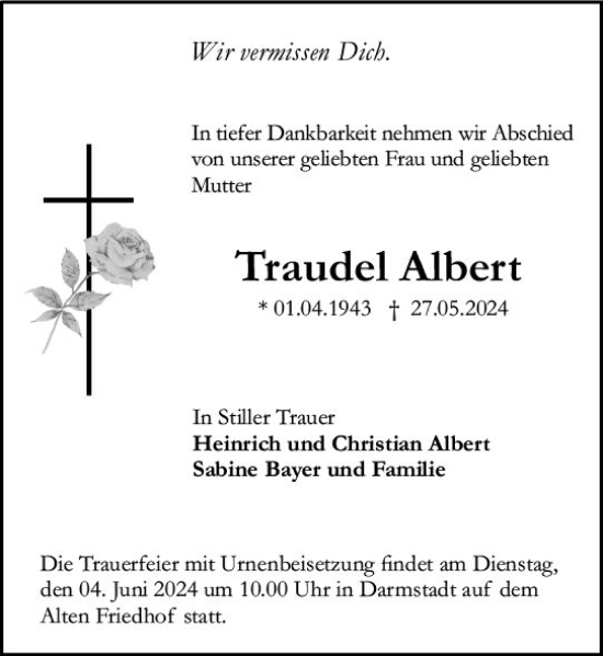 Traueranzeige von Traudel Albert von Darmstädter Echo