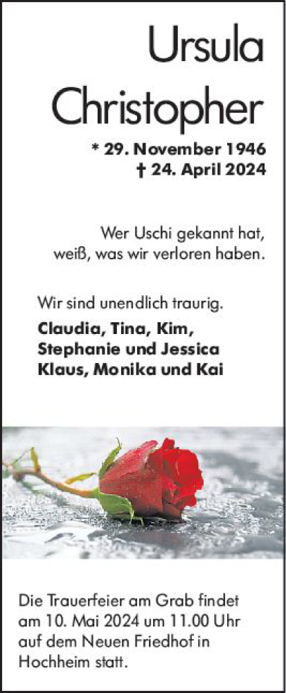 Traueranzeige von Ursula Christopher von Hochheimer Zeitung