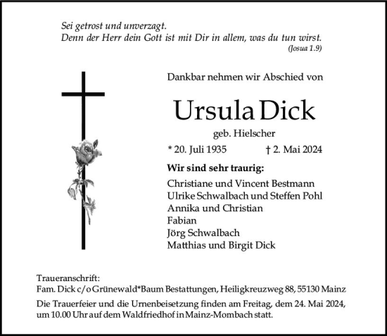 Traueranzeige von Ursula Dick von Allgemeine Zeitung Mainz
