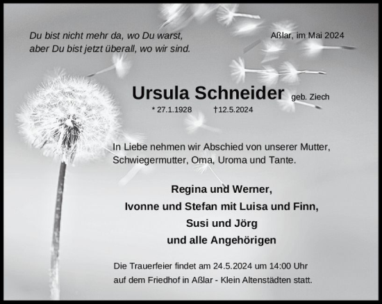 Traueranzeige von Ursula Schneider von Wetzlarer Neue Zeitung