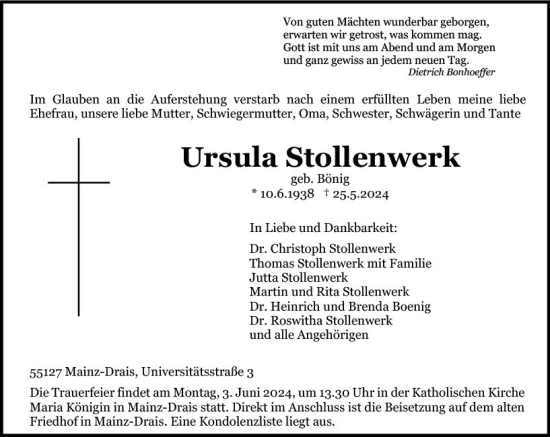 Traueranzeige von Ursula Stollenwerk von Allgemeine Zeitung Mainz