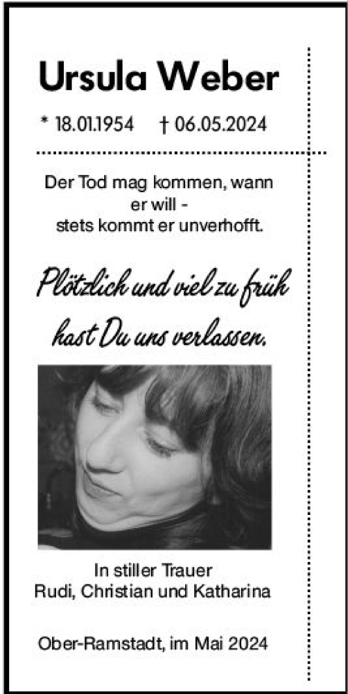 Traueranzeige von Ursula Weber von Darmstädter Echo