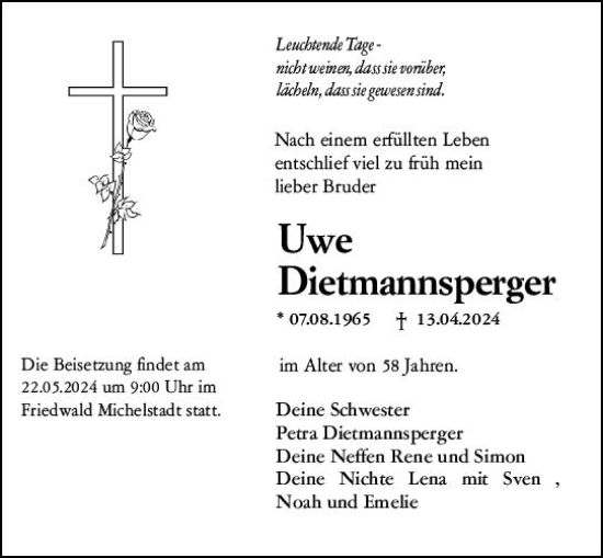 Traueranzeige von Uwe Dietmannsperger von Darmstädter Echo