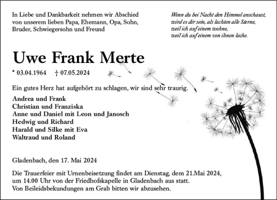 Traueranzeige von Uwe Frank Merte von Hinterländer Anzeiger