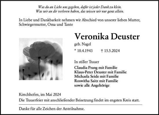 Traueranzeige von Veronika Deuster von Weilburger Tageblatt