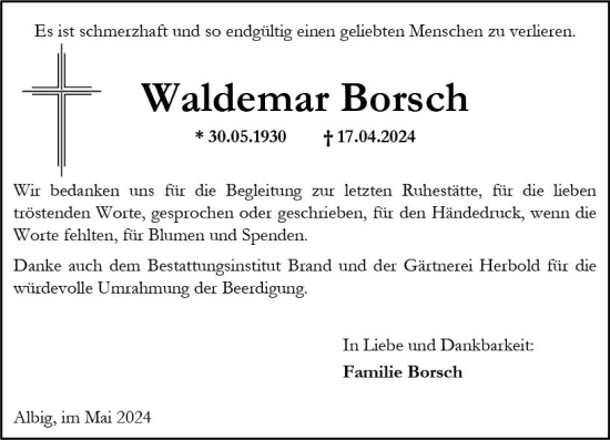 Traueranzeige von Waldemar Borsch von Allgemeine Zeitung Alzey