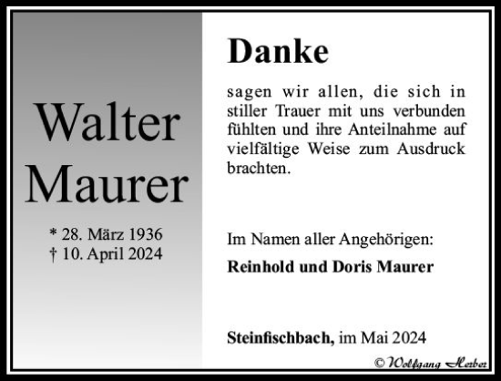 Traueranzeige von Walter Maurer von Camberger Anzeiger