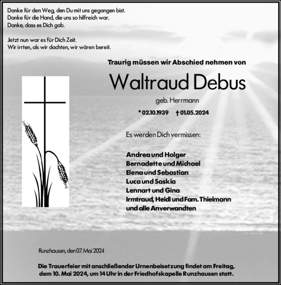 Traueranzeige von Waltraud Debus von Hinterländer Anzeiger