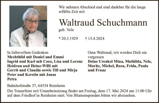 Traueranzeige von Waltraud Schuchmann von Darmstädter Echo
