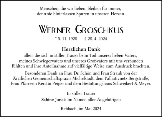 Traueranzeige von Werner Groschkus von Odenwälder Echo