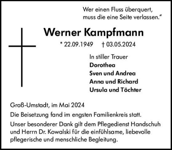 Traueranzeige von Werner Kampfmann von Odenwälder Echo