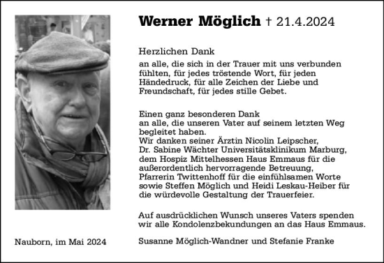 Traueranzeige von Werner Möglich von Wetzlarer Neue Zeitung