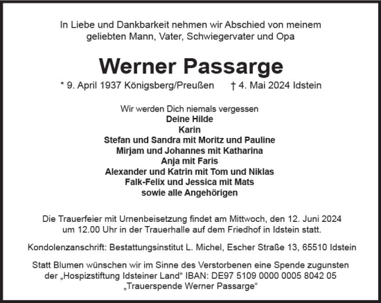 Traueranzeige von Werner Passarge von Idsteiner Land/Untertaunus