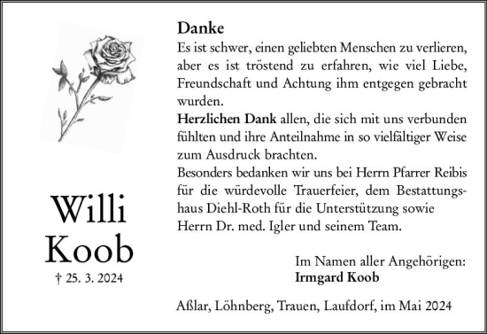 Traueranzeige von Willi Koob von Wetzlarer Neue Zeitung