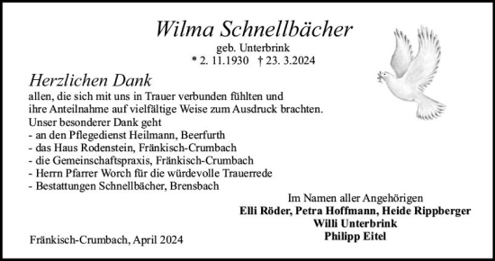 Traueranzeige von Wilma Schnellbächer von Odenwälder Echo