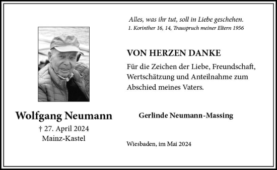 Traueranzeige von Wolfgang Neumann von Wiesbadener Kurier