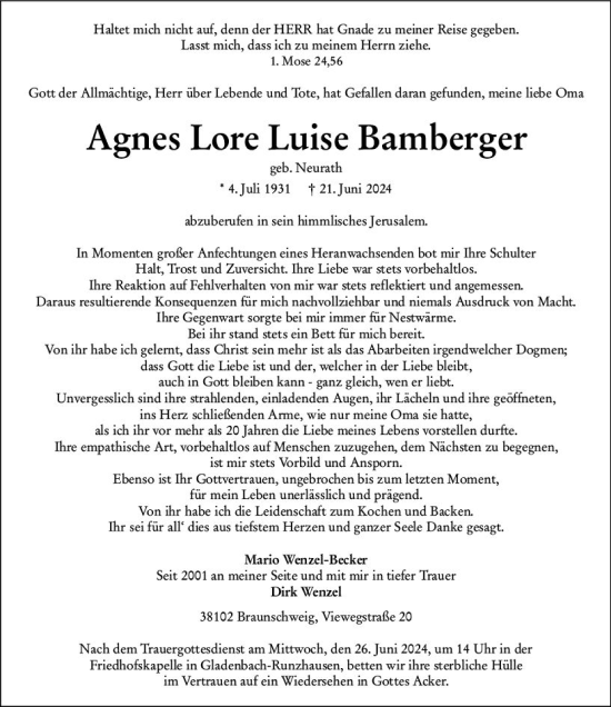 Traueranzeige von Agnes Lore Luise Bamberger von Hinterländer Anzeiger