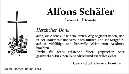 Traueranzeige von Alfons Schäfer von Allgemeine Zeitung Mainz